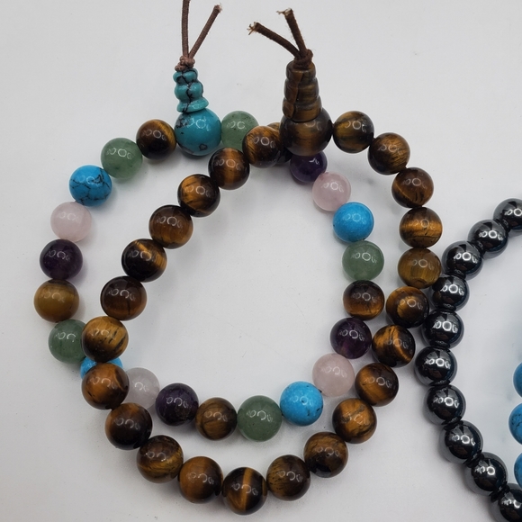 Gemstone Beaded Stretch Bracelet Tigers Eye Quartz Amethyst Turquoise Hematite - Picture 3 of 7